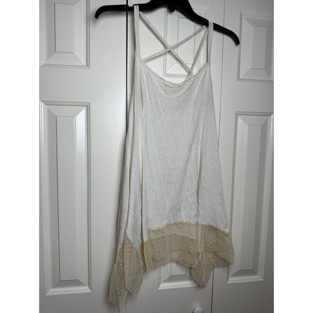 Easel Oatmeal Heathered Strappy Tank Top Polka Dot Tulle Sharkbite Hem Medium